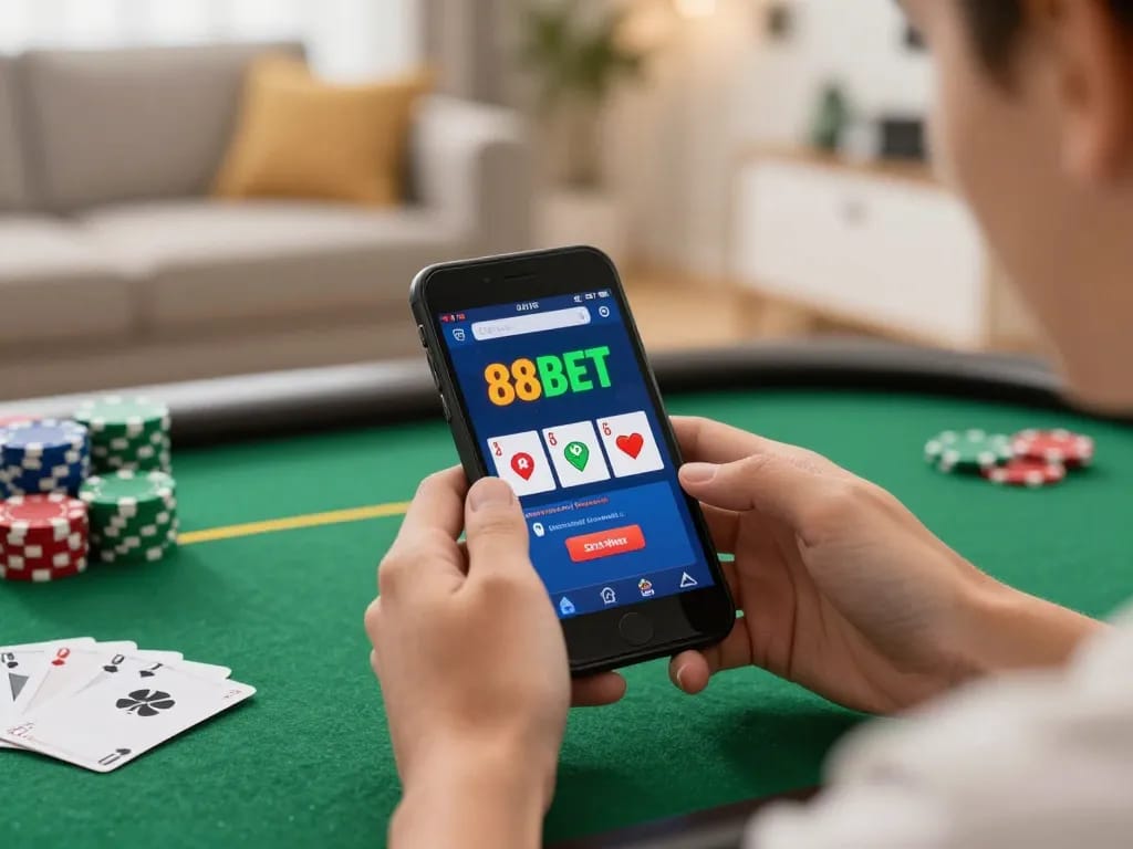 Engaging in online gaming at https://88bet.zone/ with mobile app showing poker game and strategy notes