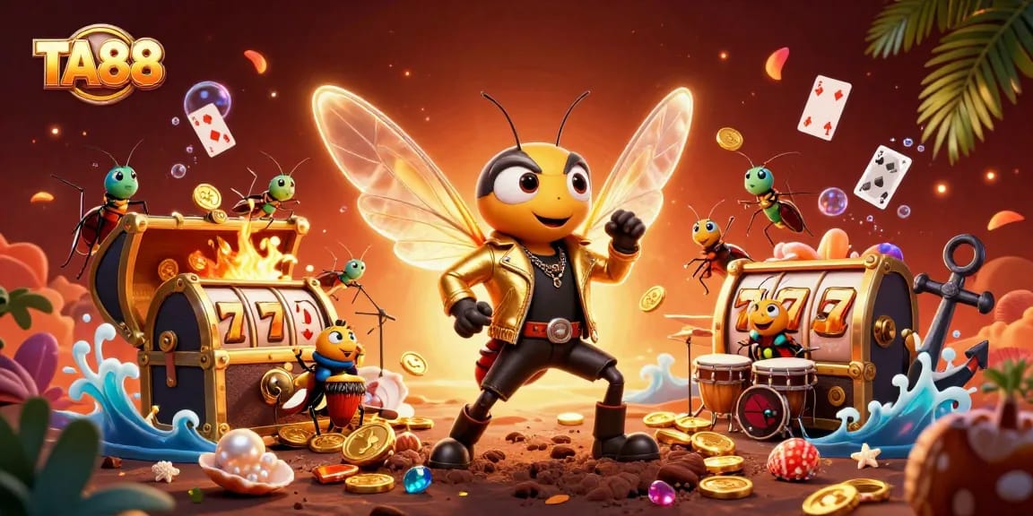 Engage with TA88 casino excitement in a vibrant 3D illustration featuring a cicada rock star and dynamic gaming elements.