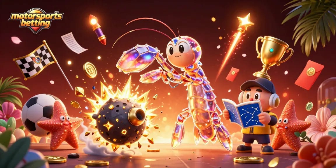 Engage in motorsports betting excitement with a galactic samurai shrimp amidst racing elements and dynamic confetti!