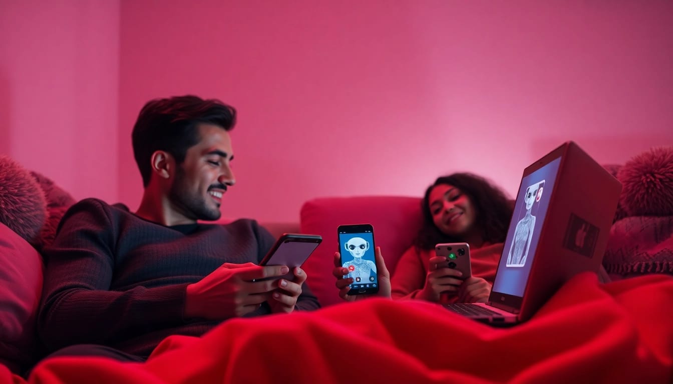 Engaging in ai sex chat with lifelike AI characters via sleek devices in a cozy atmosphere.