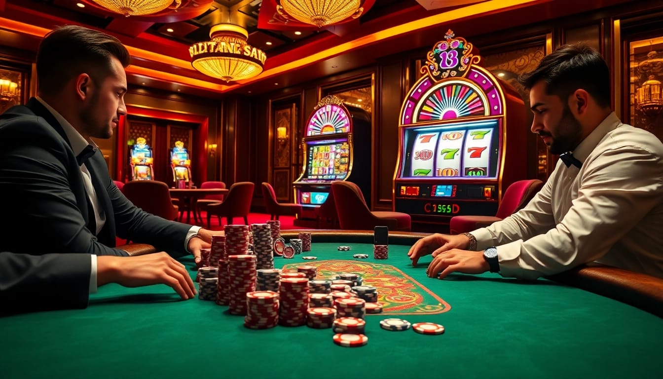Players strategizing at the mk8.ac poker table, surrounded by vibrant casino elements.