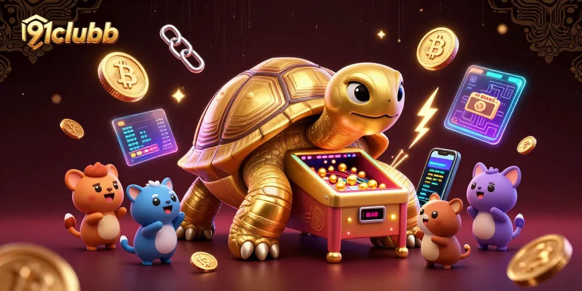 Play exciting games on 91clubb with a vibrant 3D scene featuring a colossal golden tortoise pinball machine.