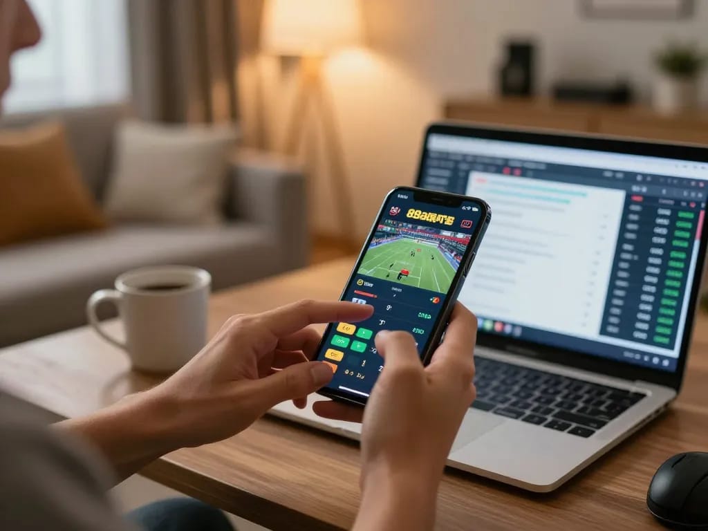 Engaging in online sports betting for 88aa games on smartphone in cozy home setting