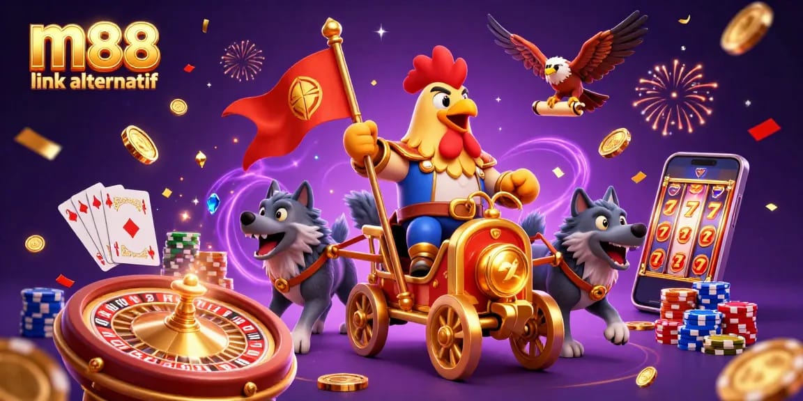 Experience thrilling betting with m88 link alternatif featuring a dynamic, detailed 3D illustration of a rooster warlord.