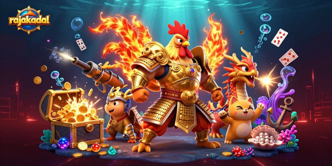 Rasakan sensasi taruhan di rajakadal dengan ayam petarung dan naga berapi dalam ilustrasi kasino.
