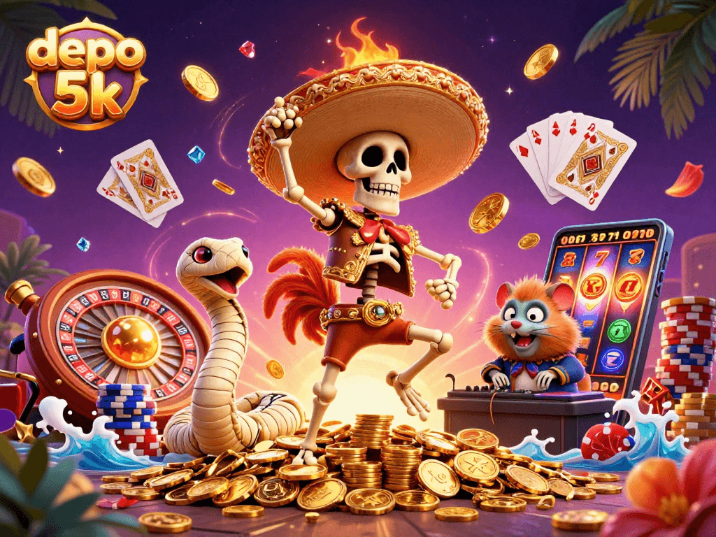 Experience exciting gameplay with depo 5k, featuring vibrant illustrations and casino symbols.