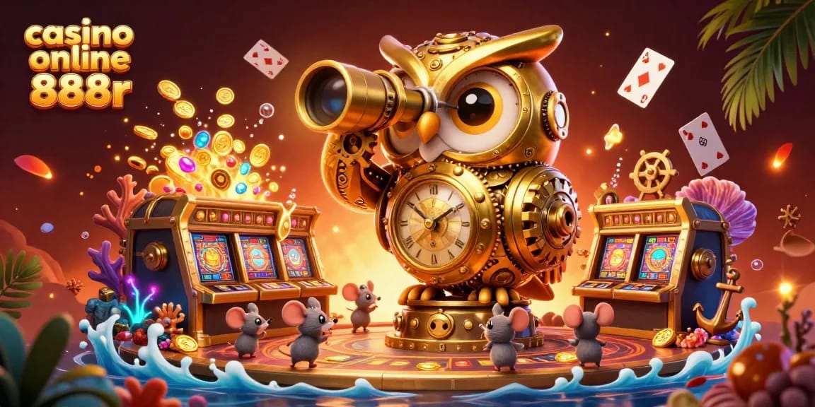A vibrant casino online 888r illustration showcasing a golden owl and tiny patrons amidst a lively casino environment with gold coins.