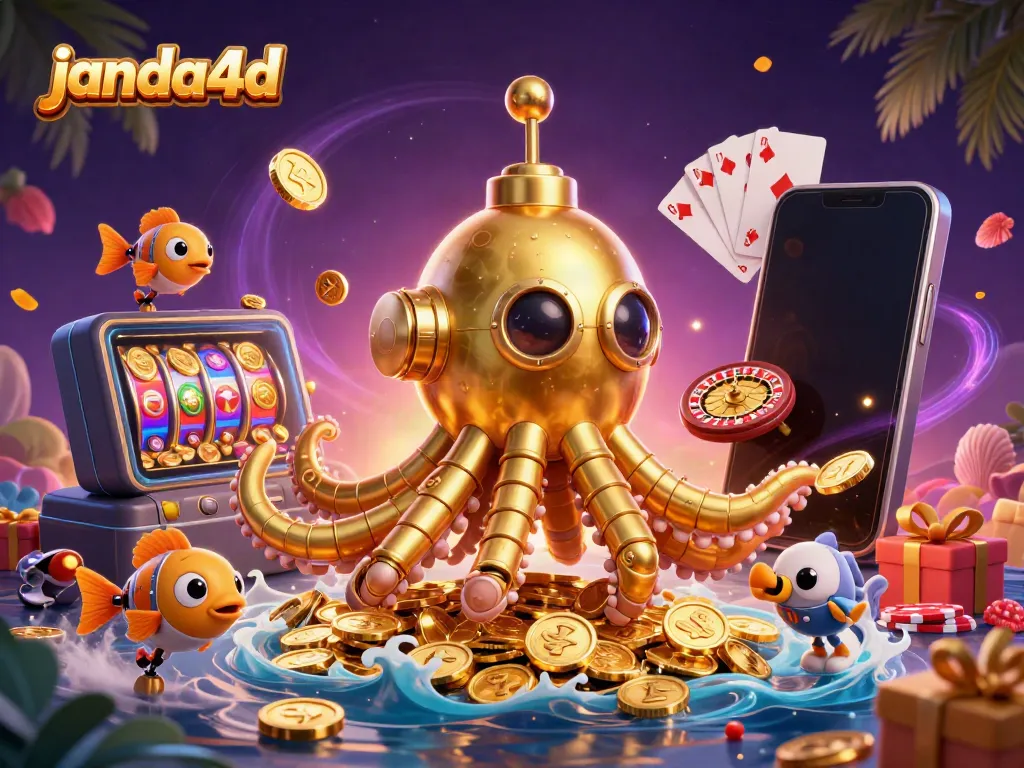 Raih keseruan bermain di janda4d dengan ilustrasi kraken emas melintas di lautan koin.