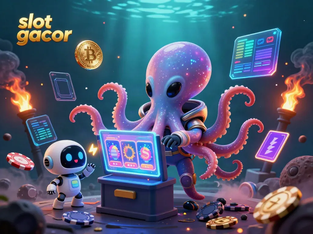 Engaging scene of a slot gacor alien octopus playing at a futuristic slot machine in space.