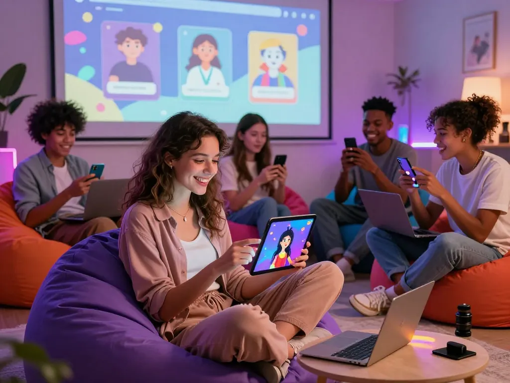 Engaging scene of friends enjoying ai chat nsfw interactions on devices in a cozy digital lounge.