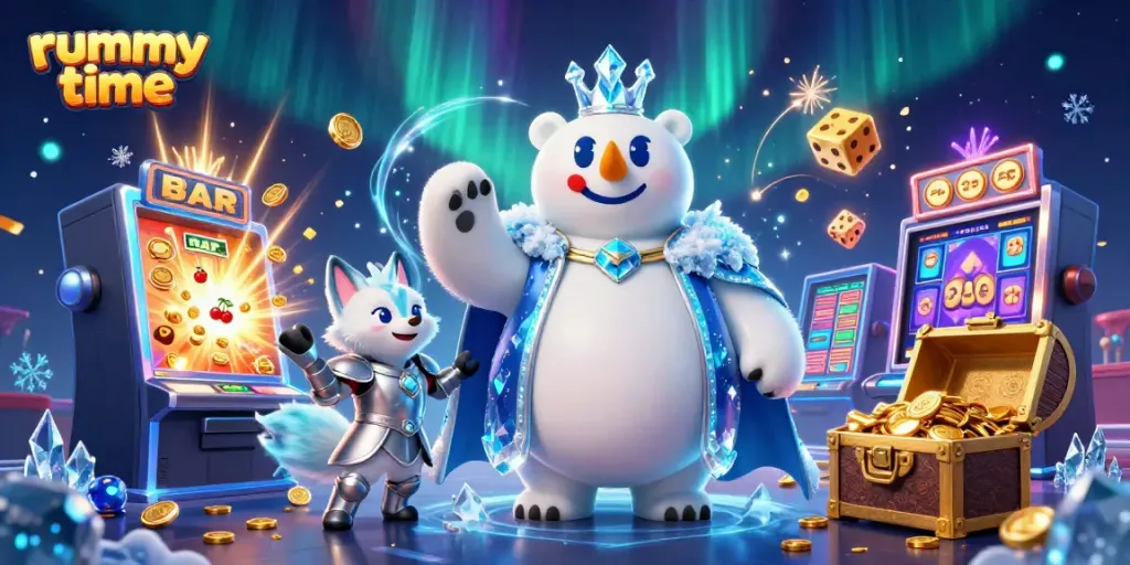Win big with rummy time as a cartoon ice king polar bear and snow fox navigate thrilling casino elements!