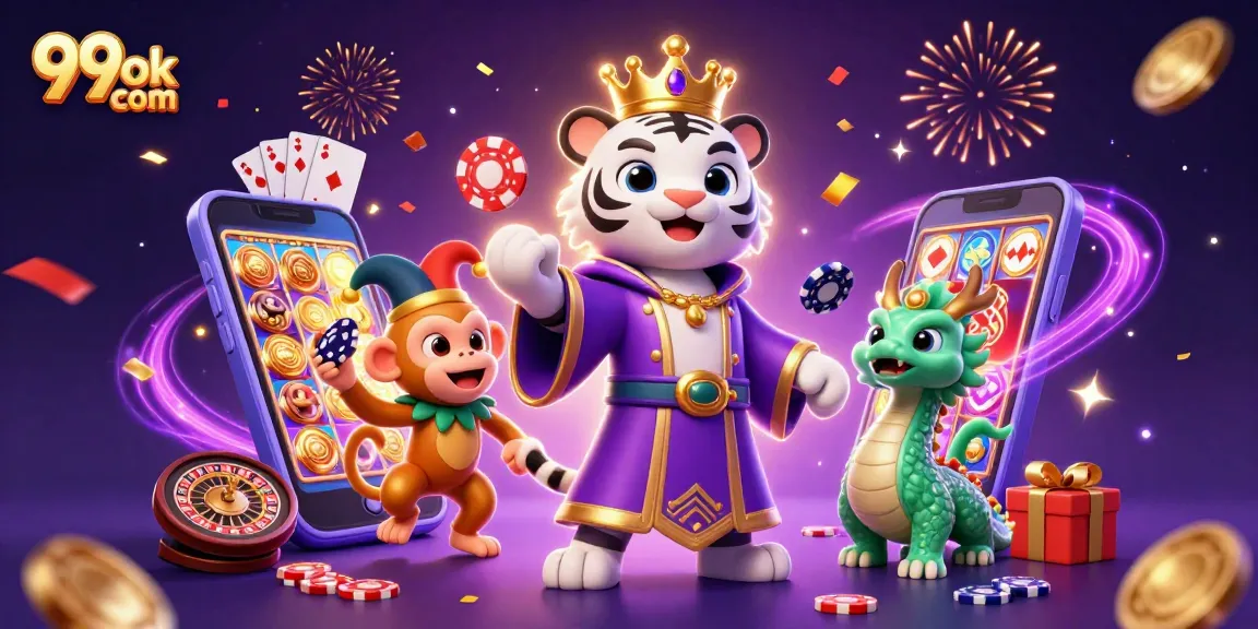 Engage with exciting games at 99ok com amid vibrant 3D casino spectacle showcasing thrilling elements.
