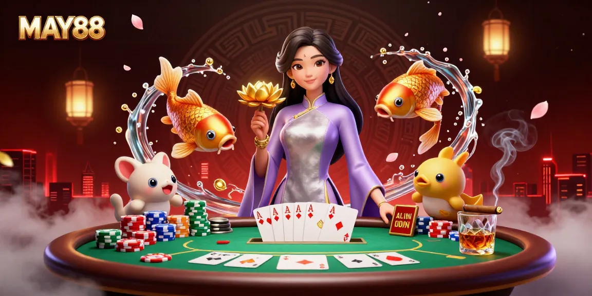 MAY88 players engaging at a lively poker table, surrounded by vibrant casino elements and captivating characters.