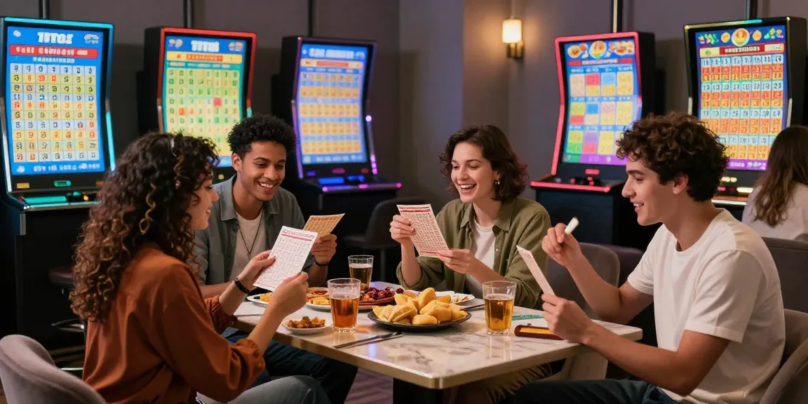 Excited friends analyzing their Toto 4D lottery tickets in a lively gaming lounge.
