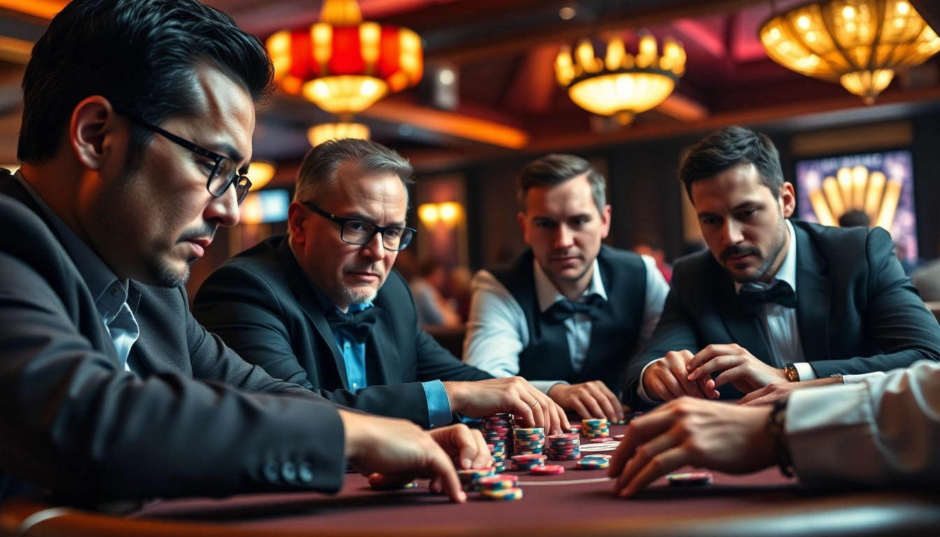Engaged poker players focused on a challenging Poker Game at a stylish casino table.