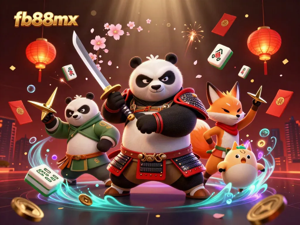 Win big with fb88mx in a vibrant casino scene featuring a samurai panda, ninja fox, and floating treasures.