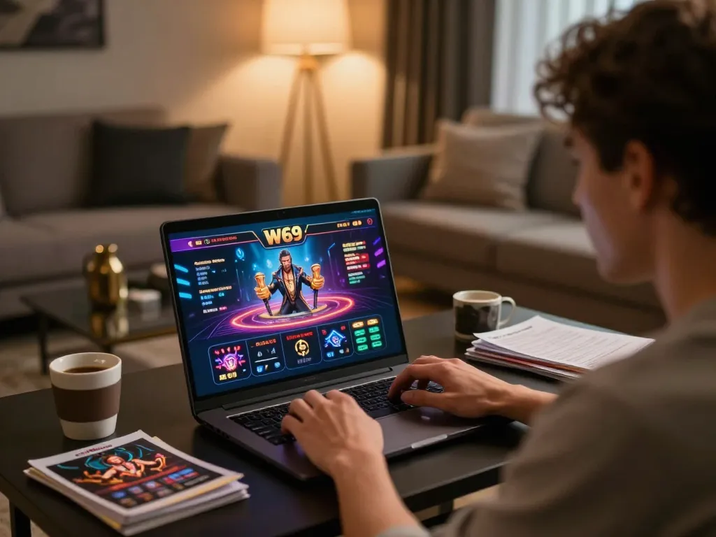 Engaged player exploring the W69 online casino platform, showcasing dynamic gaming strategy.