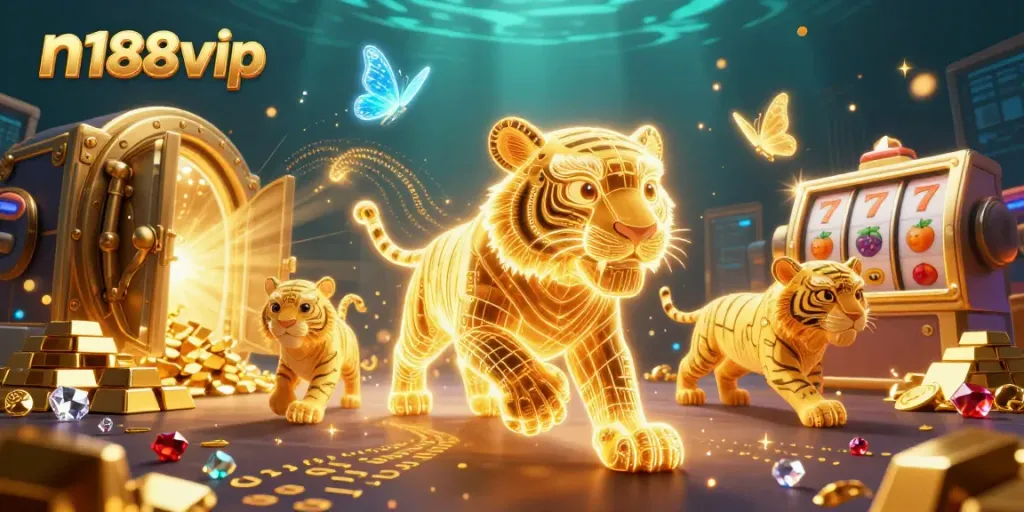 Experience the dynamic digital world of n188vip with vibrant casino elements and a stunning golden tiger.