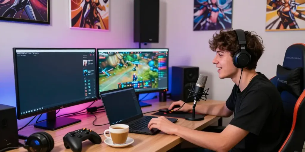 Skenario streaming Vtuber dengan rajawali77, pencipta konten yang antusias dan studio modern