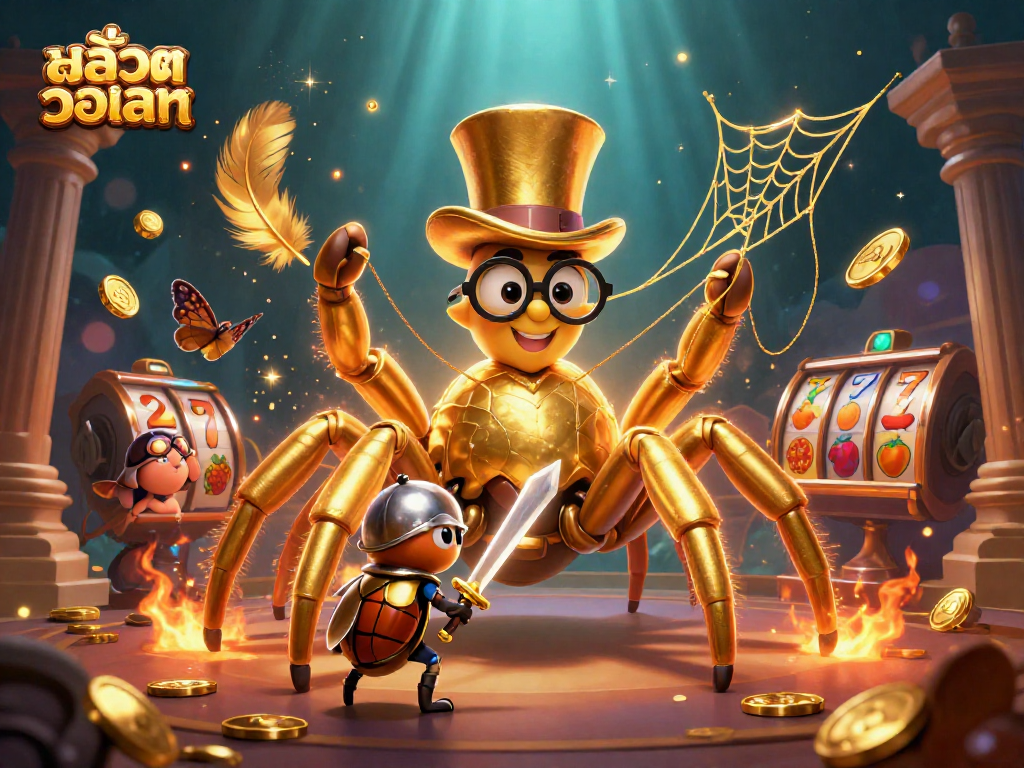 Spin slots and win with สล็อตวอเลท surrounded by golden tarantula and beetle knight in a vibrant casino scene.