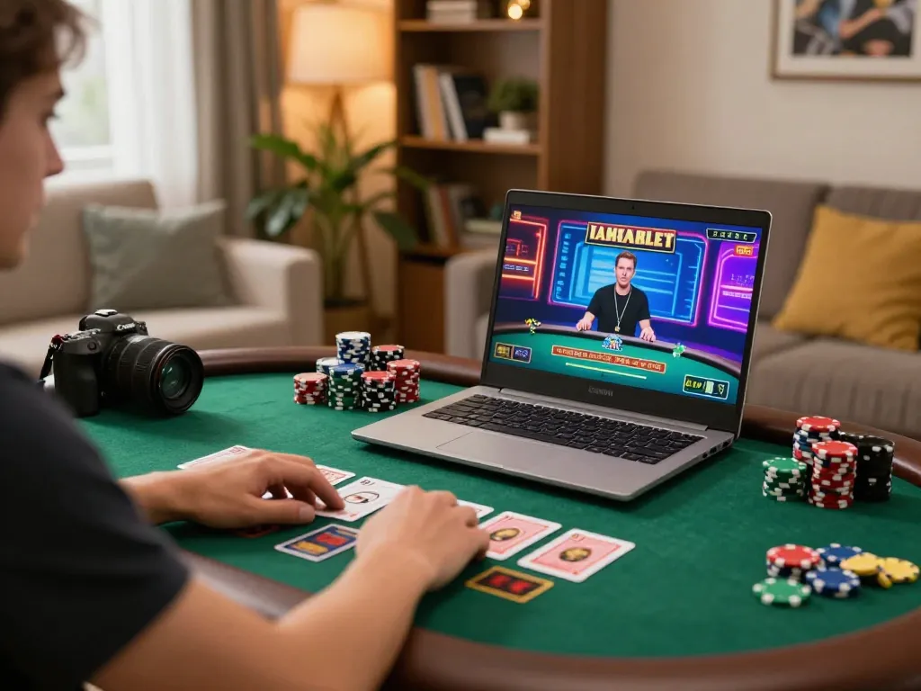 Engaging with live dealer using casino app on laptop; 98win1 online gaming excitement.