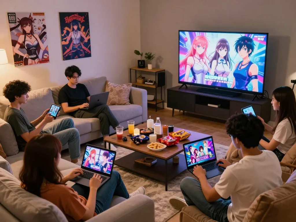 A group of friends enjoying an evening playing various sex games in a cozy living room, showcasing vibrant graphics and interactive experiences.