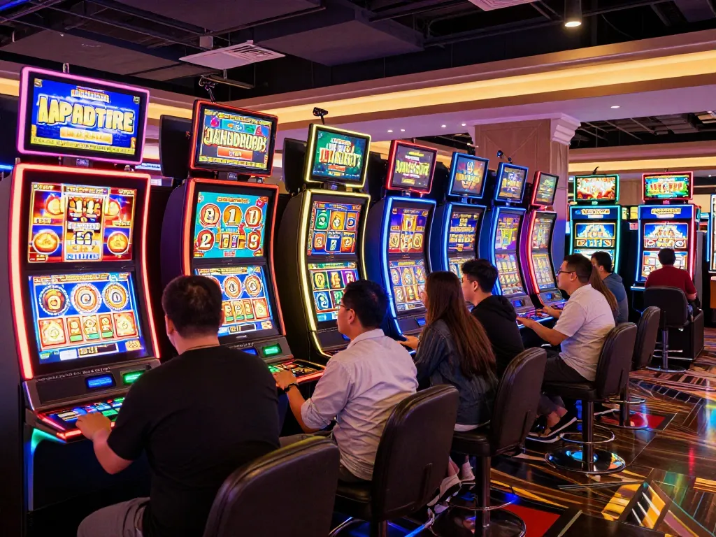 Experience the thrill of slot online gaming with players engaged in vibrant casino atmosphere.