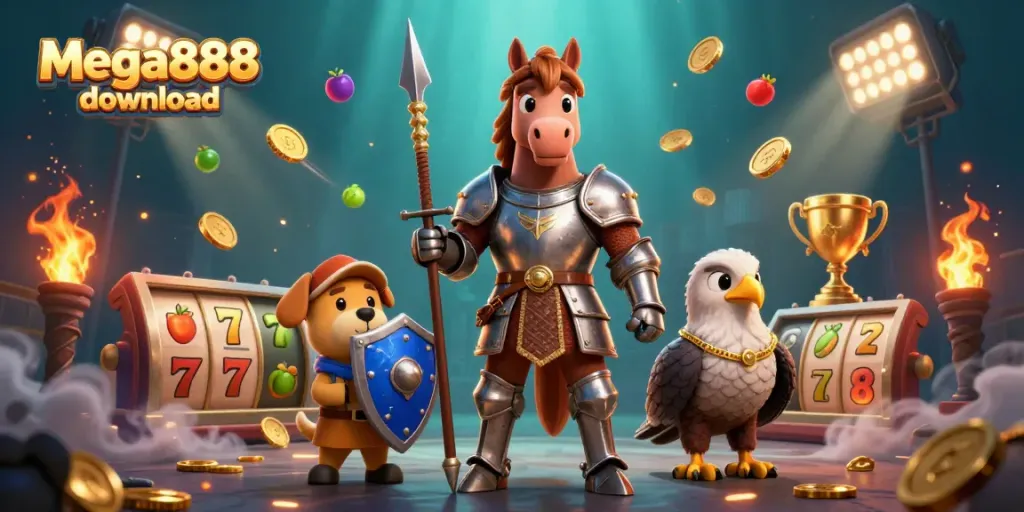 Play mega888 download with themed characters and vibrant casino elements in an engaging scene.