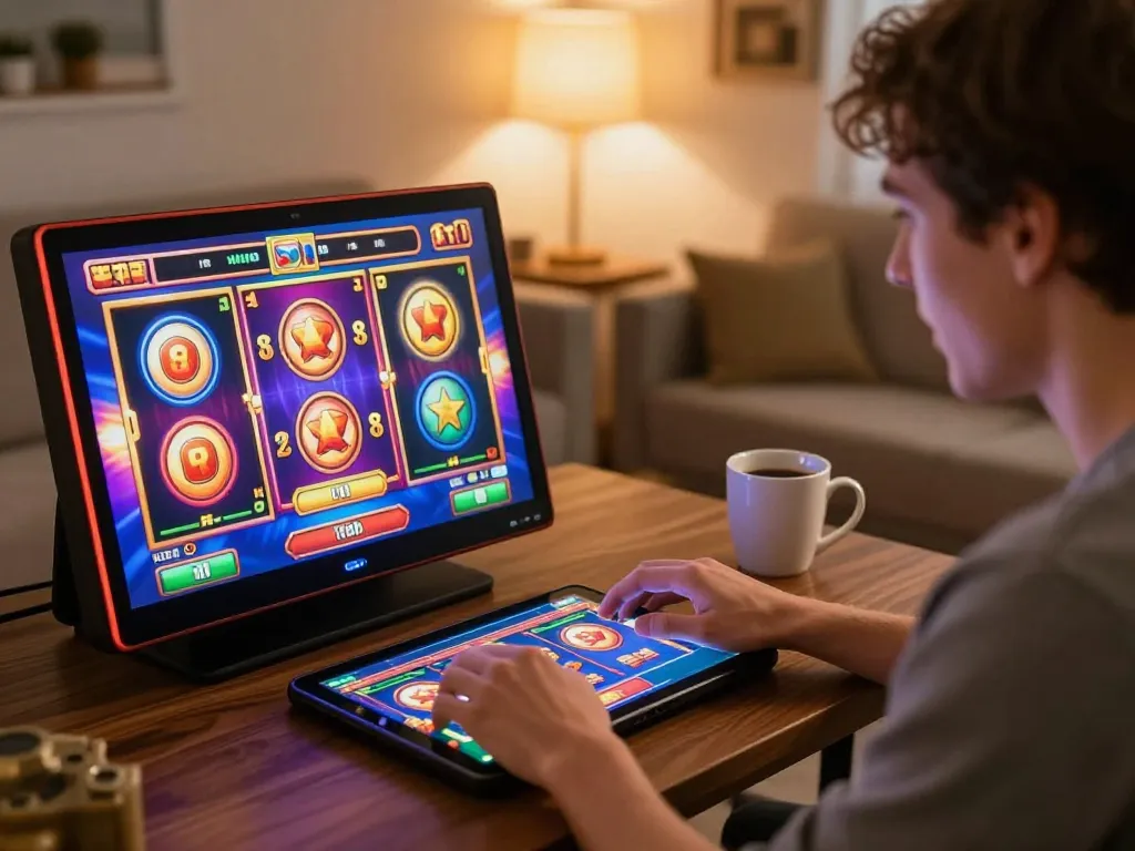 Experience Nk88 win while enjoying online slot games in a cozy home environment, showcasing excitement and strategy.