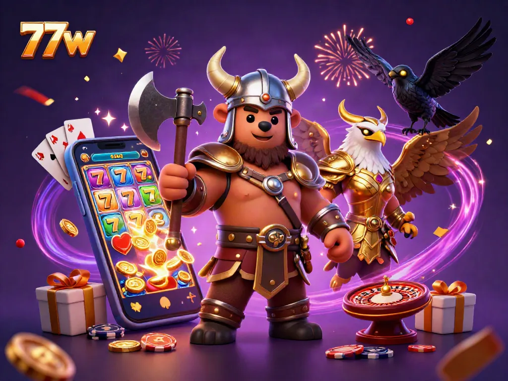 Engage with exciting slots and jackpots in the 77w online casino adventure featuring lively characters.