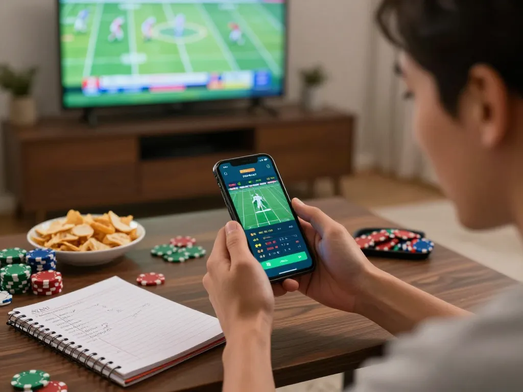 Engaged bettor using the nhà cái cm88 app while watching a live football match on TV