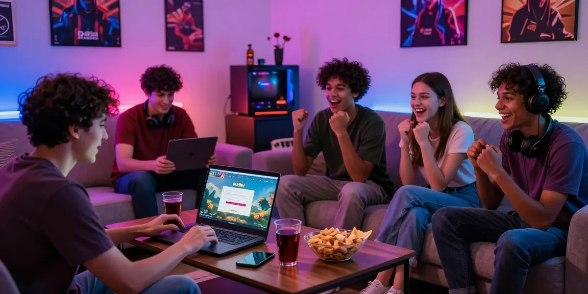 Excited friends engaging in Raja Game login on multiple devices in a vibrant gaming room.