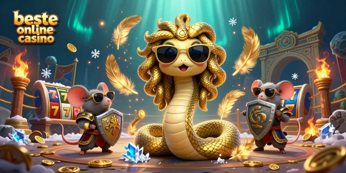 Engage with the beste online casino scene featuring a friendly Medusa and a warrior mouse in a dynamic gaming atmosphere.