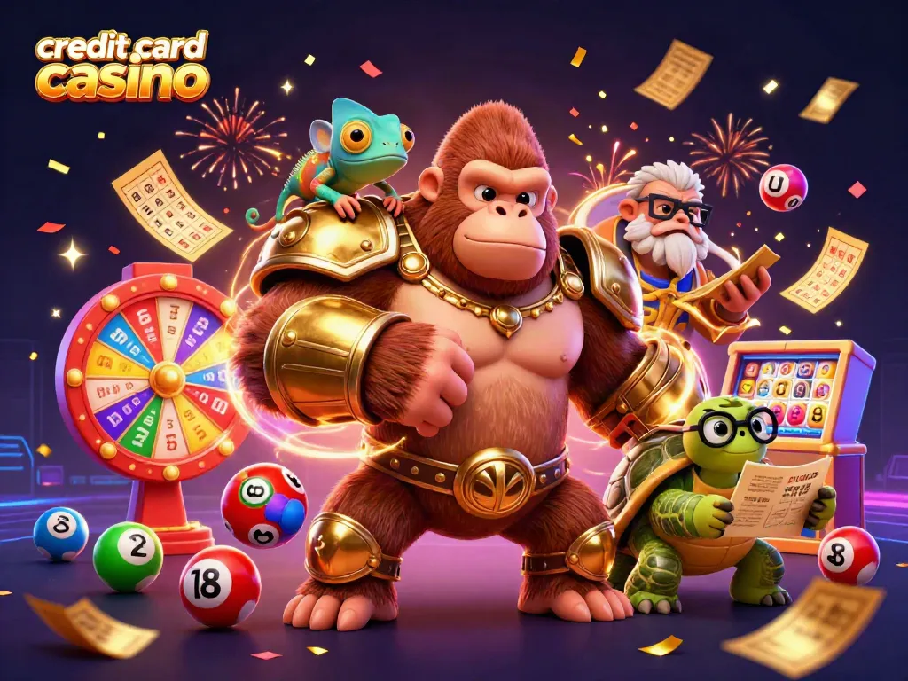 Engage with the vibrant world of credit card casinos featuring animated characters and casino elements.