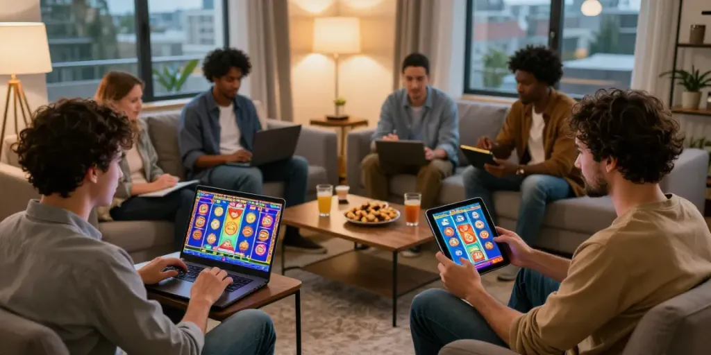 Group enjoying slot games online, showcasing vibrant graphics and social interaction.