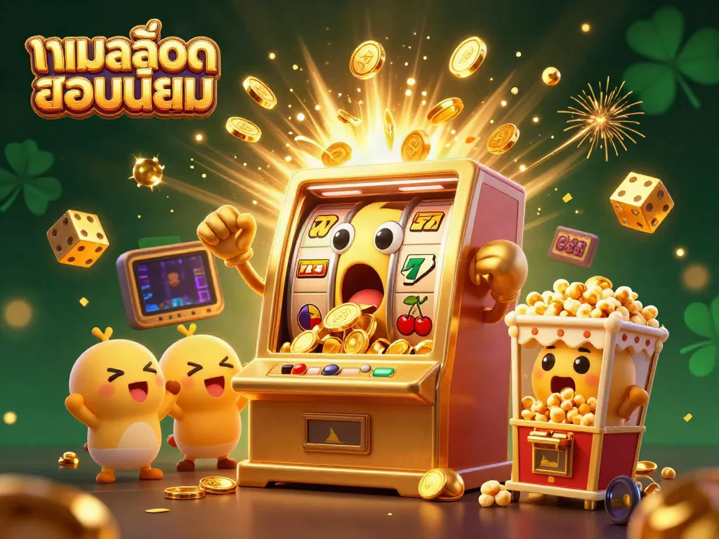 Experience the excitement with เกมสล็อตยอดนิยม featuring a slot machine hitting a jackpot amidst a dynamic casino scene.