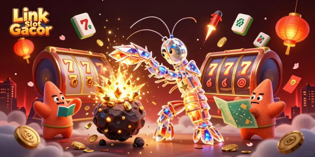 Ilustrasi 3D menampilkan Link Slot Gacor dengan samurai udang-mantis dan simbol slot yang berkilau.