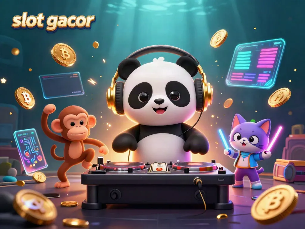 Slot gacor menampilkan DJ panda dengan headphone emas memutar slot reel dikelilingi koin Bitcoin dan Ethereum.