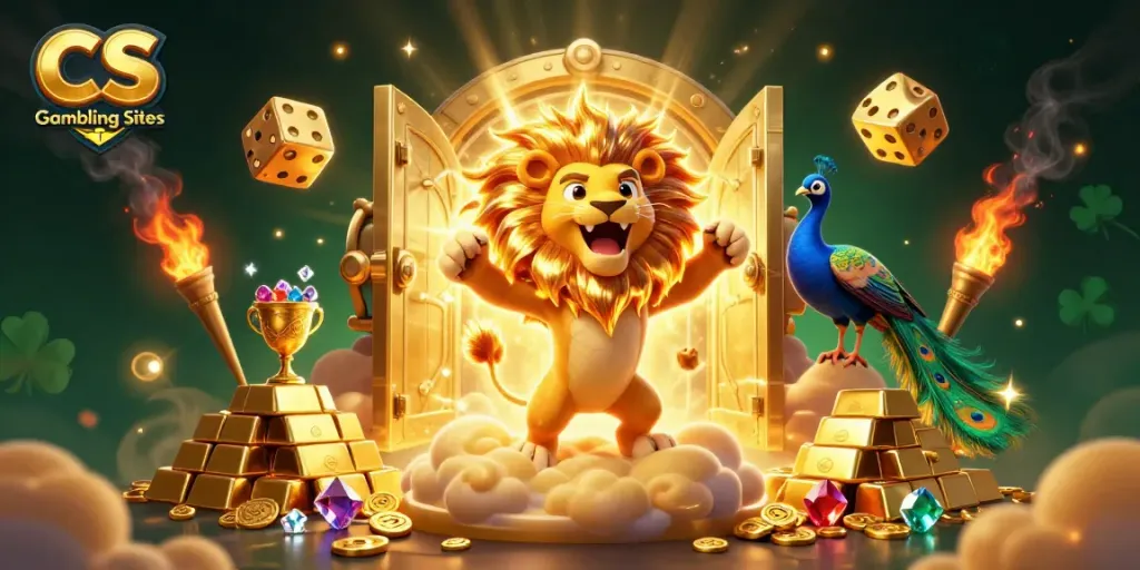 Engaging illustration of CS Gambling Sites featuring a roaring sun lion and golden dice surrounded by treasures.