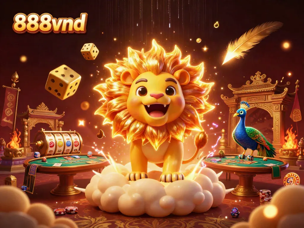 Experience thrilling gaming with 888vnd featuring a roaring lion, dynamic dice, and vibrant casino elements.