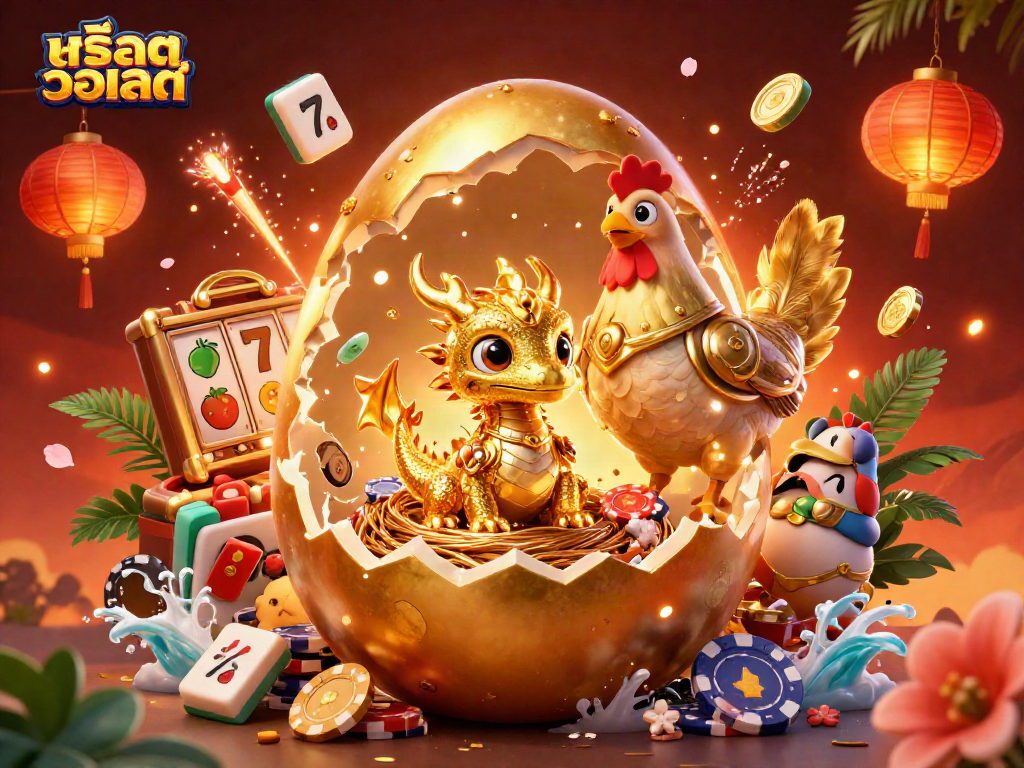 Engage in สล็อตวอเลท gameplay with a golden dragon on poker chips surrounded by dynamic casino elements.