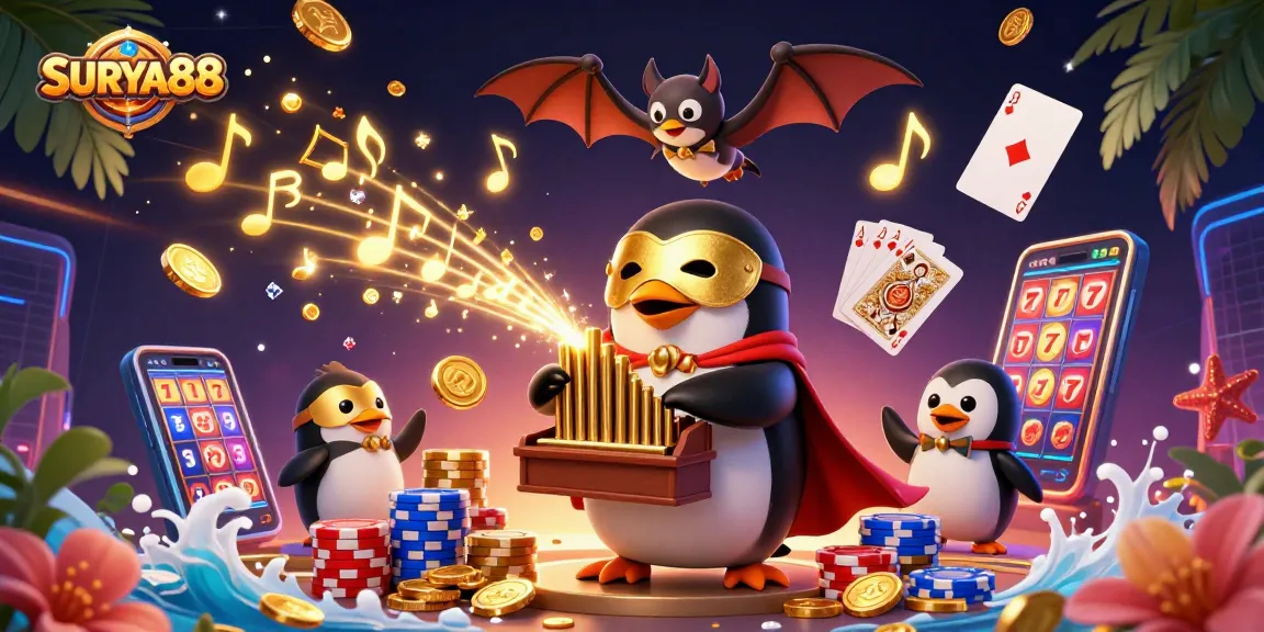 Play casino games with the SURYA88 brand, featuring a whimsical penguin and vibrant casino elements.