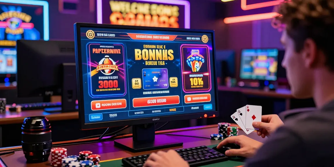 Engaging player at credit card casinos enjoying a vibrant online gaming experience with multiple games and neon decor.