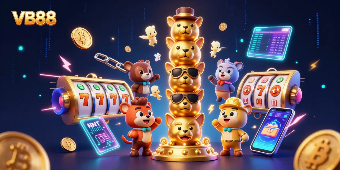 Engage with VB88 and explore a vibrant 3D casino scene filled with slots, crypto elements, and dynamic visuals.