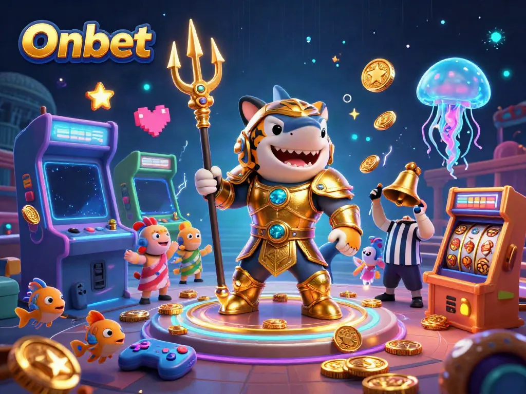 Experience thrilling gameplay at Onbet with a dazzling underwater scene featuring a gladiator tiger shark and arcade elements.