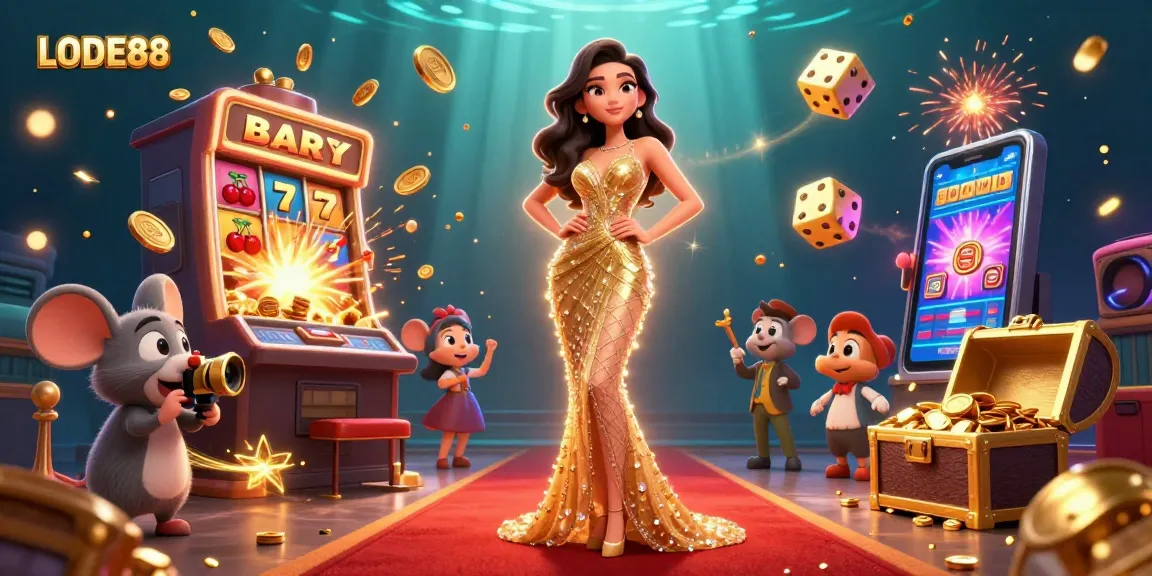LODE88 features a glamorous casino scene with a stunning character amidst jackpot excitement and gaming elements.