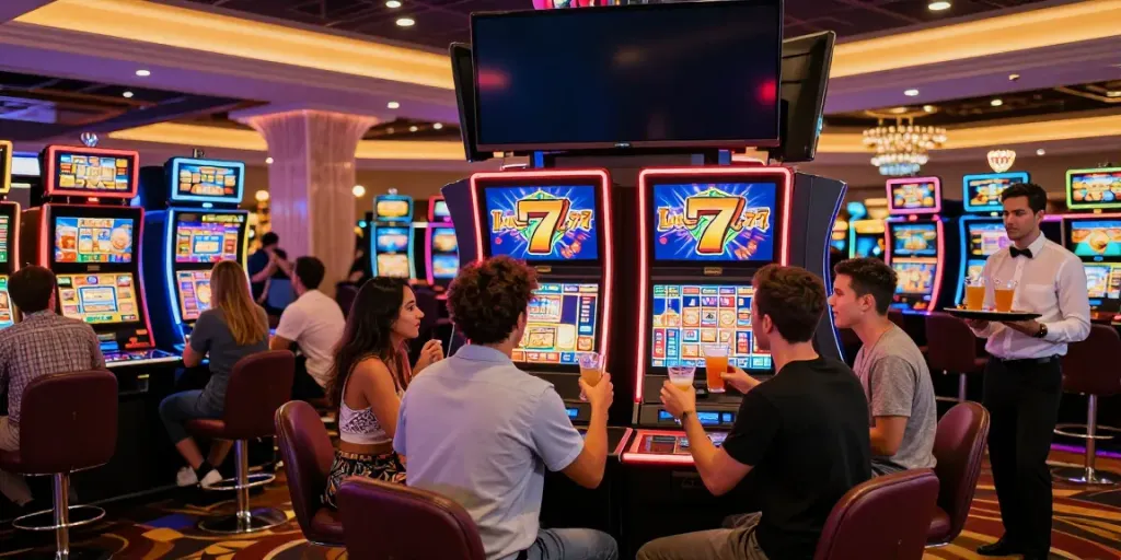 Crowd enjoying a fun casino night around a Lucky777 slot machine with vibrant lights and excitement in the air.