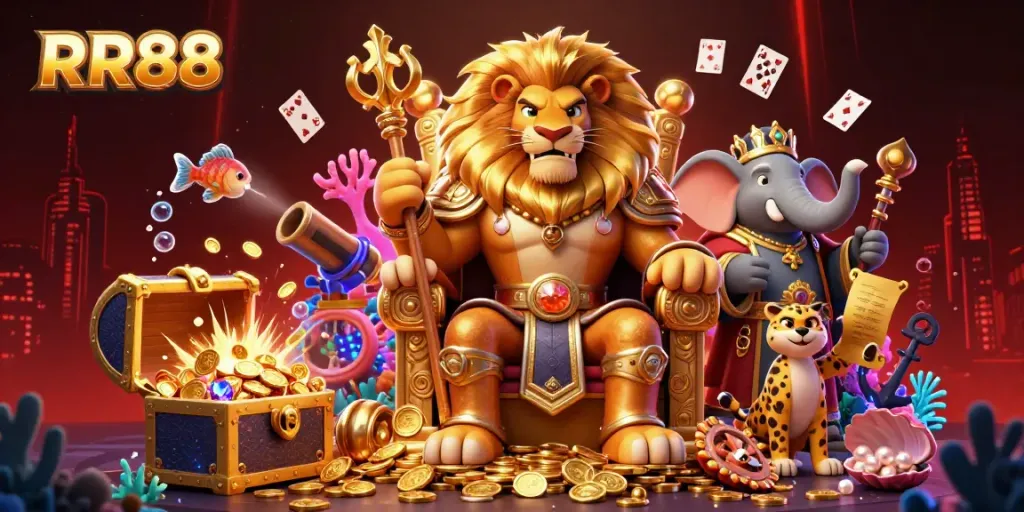 Join RR88's engaging casino world with a dynamic 3D scene featuring a lion king, elephant advisor, and cheetah messenger.