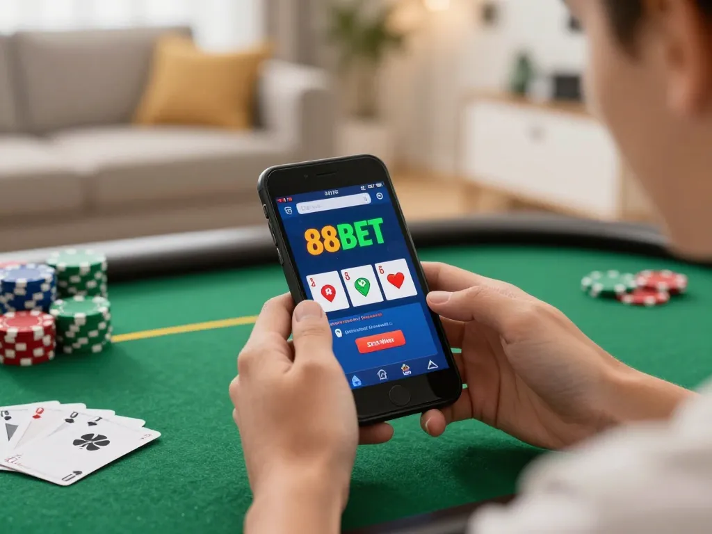 Engaging in online gaming at https://88bet.zone/ with mobile app showing poker game and strategy notes