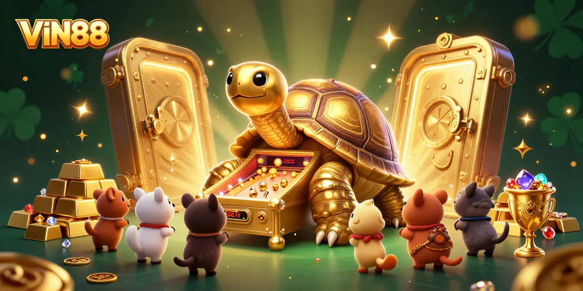 Enjoy engaging slots action at VIN88 with an exciting cartoon tortoise and treasure-filled scene.
